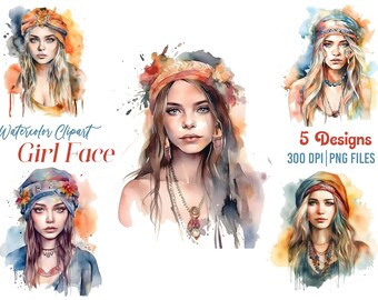 Boho Girl Clipart PNG Boho Girl Bundle Clipart Floral Boho Digital Art Clipart Acuarela Clipart Set de 5 Boho Girls Clipart