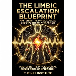 May include: A book cover with the title "THE LIMBIC ESCALATION BLUEPRINT" in gold lettering. The cover features a stylized human figure with a lightning bolt through the chest, surrounded by a circuit board design and gold energy waves. The text "MASTERING THE PHYSIOLOGICAL CHECKPOINTS OF ATTRACTION" is also present.