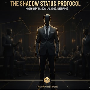 以下が含まれることがあります： 暗いスーツとネクタイを着た顔のない人物が、明るい部屋に立っているイラスト。上部のテキストは「THE SHADOW STATUS PROTOCOL」と「HIGH-LEVEL SOCIAL ENGINEERING」と書かれています。 NRP Instituteのロゴが下部にあります。