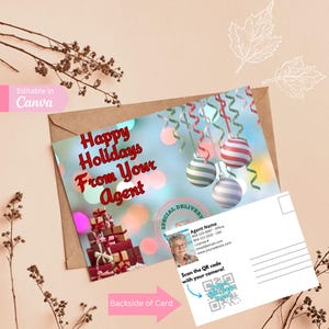 Plantilla editable para postal navideña de agente inmobiliario / “Felices fiestas de parte de su agente” / Diseño personalizable y editable de Canva / Agente de viajes