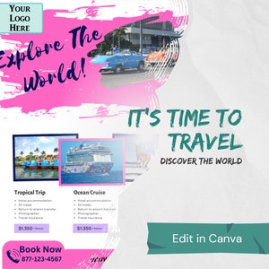 Travel Agent Flyer | Editable | Pink | Business Form | Template | Canva | Explore The World