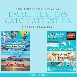 May include: A set of five colorful email headers for travel-related businesses. The headers feature images of a panda, a cruise ship, a sunset, a plane, and palm trees. The text on the headers includes "Live Your Dream", "Cruise Travel Tips", "Counting Down To Your Cruise", "Congratulations Your Cruise is Now Reserved", "30 Days Until Your Trip", "Your Flight Details", "You're Going To Cancun", and "Welcome Home".