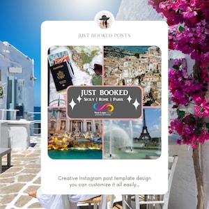 May include: A collage of travel photos with the text "Just Booked" and "Sicily | Rome | Paris" in a gray box with a pink border. The text "Just Booked Posts" is at the top of the image. The text "Creative Instagram post template design you can customize it all easily..." is at the bottom of the image.