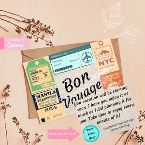 Notitiekaart Bon Voyage | Reisbureau | Canvas | Bewerkbaar | Aanpasbaar | Bedankt | Briefkaart
