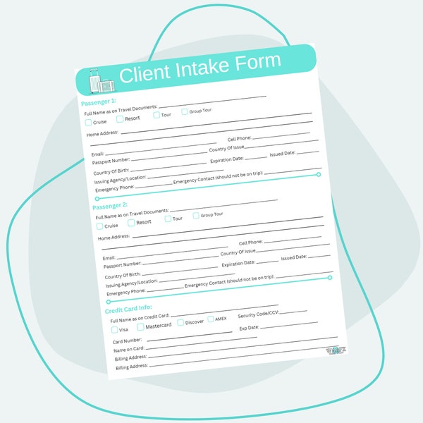 Client Intake Form for Travel Agents, Fillable & Printable, Simple, Client Information, Profile, Mintgreen