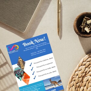 May include: Blue and white flyer with the text "Book Now!" and a picture of a kangaroo. The flyer advertises a cruise with the text "Sailing Dec. 16th-25th, 2023" and "Enter your cruise details here".