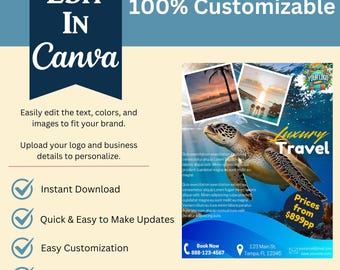 Luxury Travel Flyer Template: Sea Turtle Design, Canva Editable