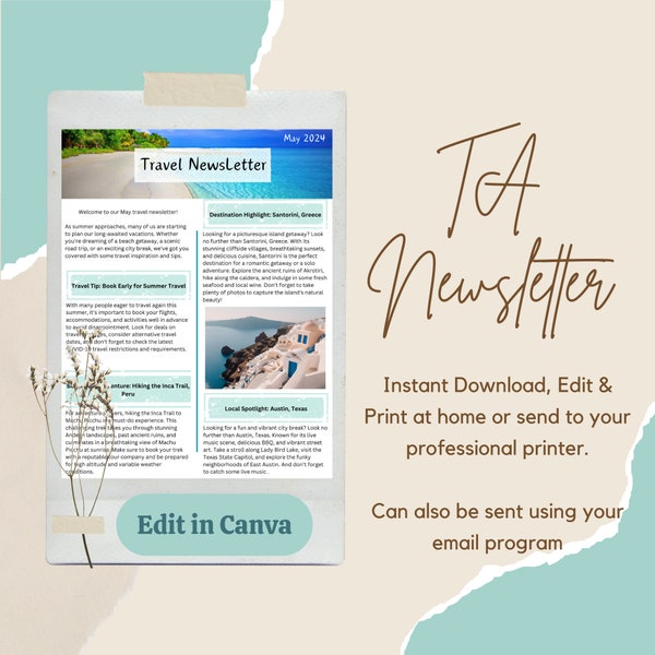 Travel Agent Newsletter Template - May: Edit in Canva, email or print, and customize as you desire.