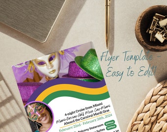 Travel Agent Flyer Template - Mardi Gras, Canva, Cruise and Vacation, Editable, Marketing