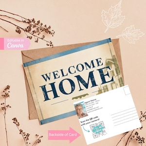 Juego de postales de bienvenida a casa para agentes de viajes, paquete de 4 tarjetas, edición en Canva, 7 x 5 pulgadas, marketing para clientes de agentes inmobiliarios