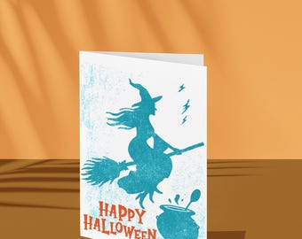 Spooky Halloween Printable Card, Witch and Cauldron Greeting Card, 5x7 Folded PDF