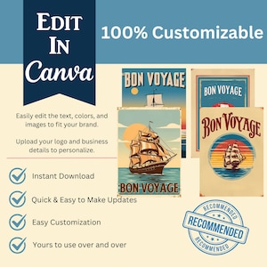 Set di cartoline "Bon Voyage" per agenti di viaggio, pacchetto da 4 cartoline, modificabili in Canva, 5x7 pollici, marketing per clienti di agenti immobiliari, personalizzabili, vacanze, crociere.