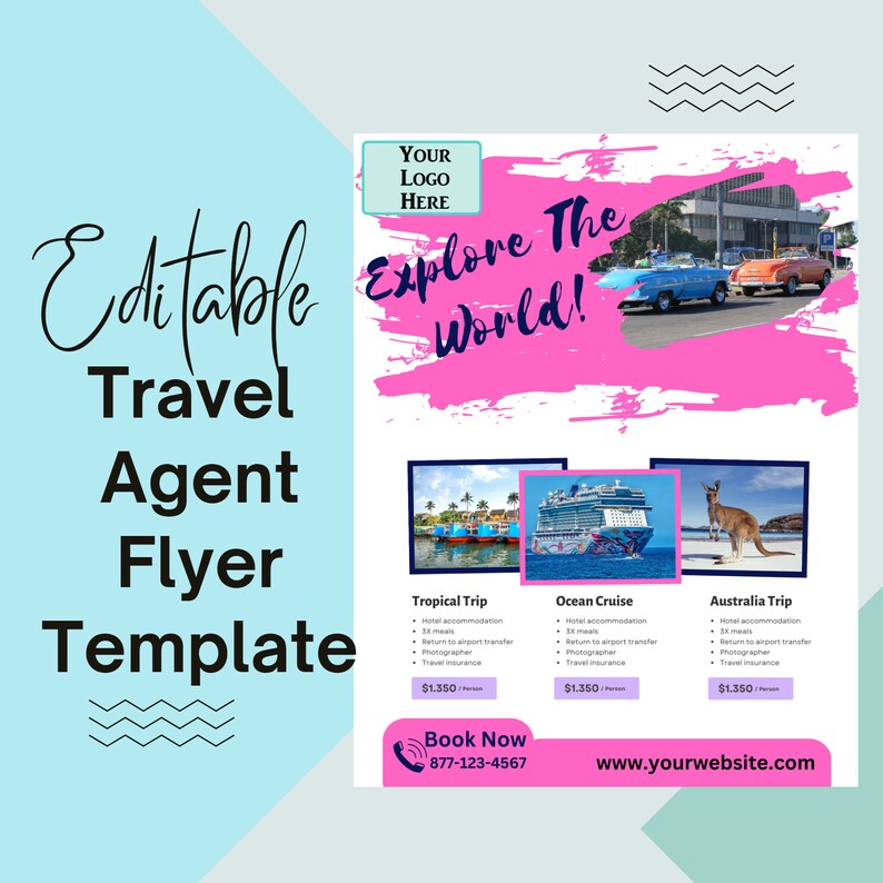 Travel Agent Flyer | Editable | Pink | Business Form | Template | Canva | Explore The World