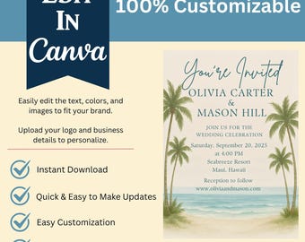 Canva Tropical Event Invitation, Editable Beach Wedding Party Invite, Travel Cruise Night Open House Small Business Promo Template