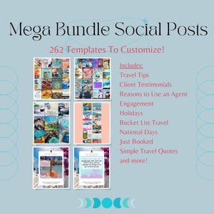 262 Editable Social Media Post Templates Mega Bundle | Facebook and Instagram | Canva | Travel Tips, Testimonials, Holidays, Social Flyer