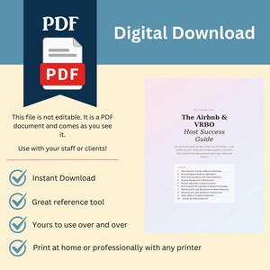 Op de afbeelding: Een digitale downloadafbeelding met de tekst "Digital Download" en een PDF-pictogram. De afbeelding bevat een gids met de titel "The Airbnb & VRBO Host Success Guide" met een inhoudsopgave. Extra tekst luidt "Direct downloaden".
