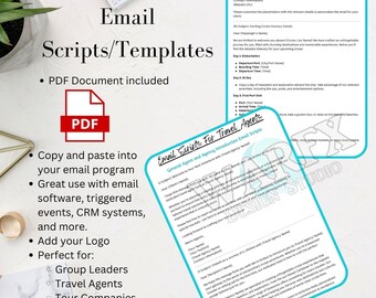 May include: A blue and white printable PDF document with the text "Email Scripts for Travel Agents" and "General Agent and Agency Introduction Email Scripts". The document includes email templates for travel agents to use when communicating with clients.