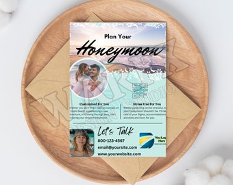 Travel Agent Plan Your Honeymoon Flyer Template, marketing, edit in Canva, business form