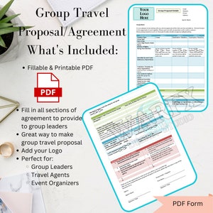 May include: A printable PDF form for group travel proposals and agreements. The form includes sections for group details, vacation type, amenities, events, and additional options. The form is designed for group leaders, travel agents, and event organizers.