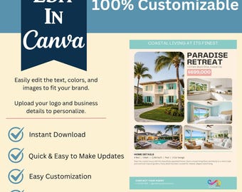Real Estate Flyer Templates, Tropical Coastal Canva Marketing (Digital Download)