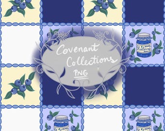 Patrón sin costuras de mermelada de arándanos / Papel digital a cuadros estilo cottagecore / Diseño de tela de frutas de verano / Covenant Collections