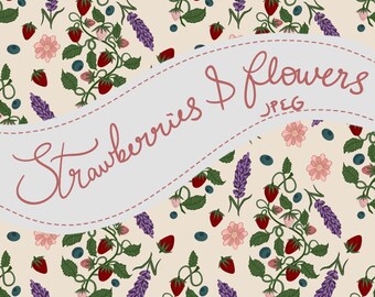 Patrón sin costuras de fresas y flores // Diseño digital dibujado a mano - Descarga JPEG // Colecciones Covenant