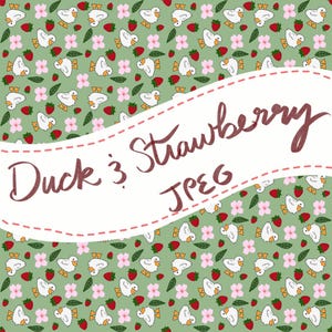 Puede incluir: Un patr&oacute;n repetido de patos blancos, fresas rojas y flores rosas sobre un fondo verde claro. Las palabras "Duck & Strawberry JPEG" est&aacute;n escritas en cursiva en la imagen.