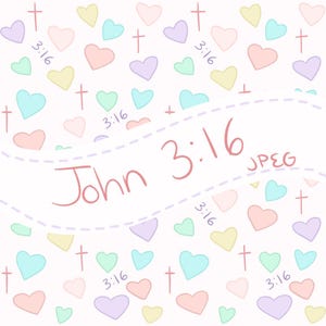 Op de afbeelding: Een pastelkleurig patroon met harten, kruisen en de tekst "John 3:16". De harten zijn in tinten roze, blauw, geel en paars. De kruisen en de tekst zijn rood.