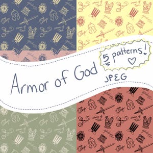 Puede incluir: Imagen de arte digital que muestra cinco patrones diferentes con un tema religioso. Cada patrón presenta ilustraciones dibujadas a mano de armaduras, espadas y escudos en varios colores, incluyendo azul, amarillo y rojo. El texto "Armor of God" se muestra de forma destacada.