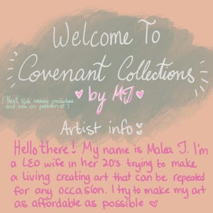 May include: Digital artwork featuring the text "Welcome To Covenant Collections" in white script on a gray cloud-like shape. Pink text below reads "by MJ" and "Artist info:" with additional text describing the artist.