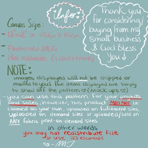 May include: A digital art graphic on a teal background with handwritten text. The text includes information about the canvas size, file type, and usage rights. It also includes a thank you message to the customer.