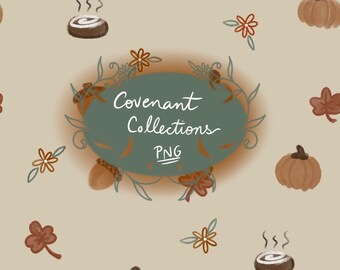 Patrón otoñal sin costuras PNG / Papel digital otoñal con calabazas, bellotas, café y flores / Repetición de estilo cottagecore neutro