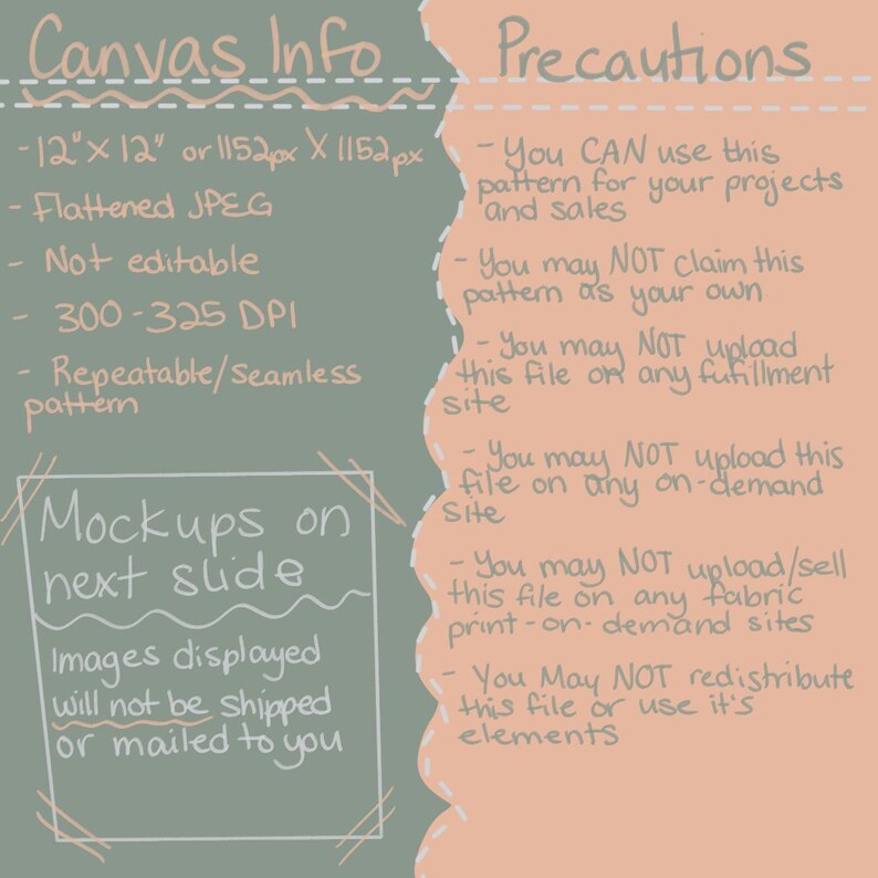 May include: A digital art information sheet with text on a light green and peach background. The text includes canvas info, precautions, and details about the image's use, size (30.48cm x 30.48cm), and file type. The image also states that mockups are on the next slide.