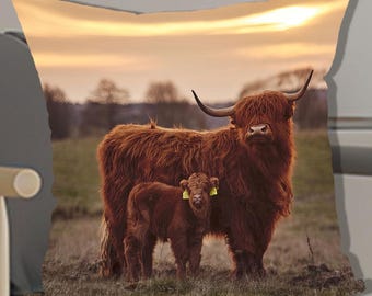 Kussensloop Schotse koe met kalf, bruin rustiek boerderijkussen, Schotse stier dier decor, cadeau voor thuis, dierenkussenhoes