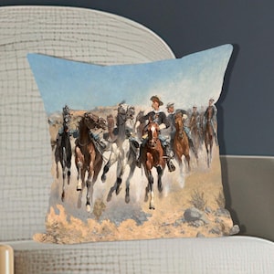 Cowboy Horse Throw Pillow Cover, Western Country Vintage Cushion, Rustic Wild West Decor, Running Horses Painting Pillow, Western Room Style
