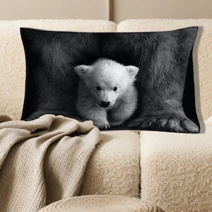 Bear Cub Throw Pillow Cover, Black White Animal Cushion, Baby Polar Bear Pillow, Wildlife Rustic Decor, Gift For Her,  Pillow Cover,