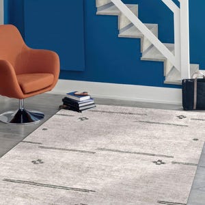 Minimalist Gray Area Rug with Subtle Black Lines, Modern Neutral Carpet for Living Room or Office, Soft Low Pile Contemporary Floor Mat