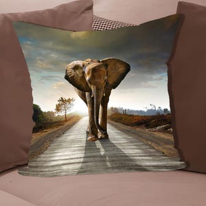 Elephant Walking Throw Pillow Cover, Powerful Animal Art Cushion, Safari Road Nature Decor, Pillow Cover, Animal Pillow Sham, Animal Cover