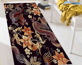 May include: A black and gold runner rug with a repeating pattern of dragons and flowers. The dragons are red, gold, and black, and the flowers are orange, yellow, and white.