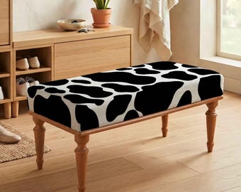Black White Cow Pattern Bench, Modern Upholstered Furniture, Farmhouse Accent Seating, Bold Statement Bench, Entryway Decor