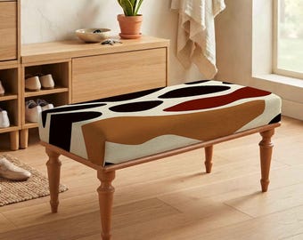 Abstract Shape Bench, Earth Tone Modern Furniture, Organic Form Upholstered Seating, Graphic Accent Bench, Mid Century Home Decor