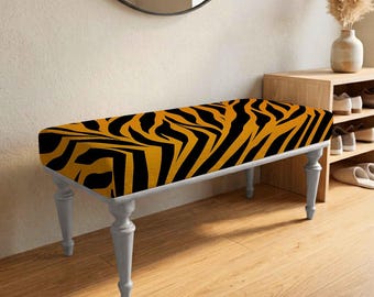 Tiger Stripe Bench, Orange Black Upholstered Furniture, Wild Animal Pattern Seating, Safari Accent Bench, Bold Jungle Home Decor