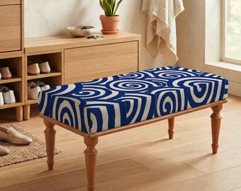 Blue Spiral Bench, Cream Geometric Upholstery, Modern Artistic Furniture, Graphic Accent Seating, Statement Bench