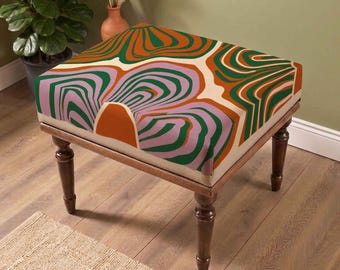 Retro Wave Bench, Colorful Abstract Upholstered Furniture, Mid Century Accent Seating, Modern Entryway Bench, Statement Home Decor
