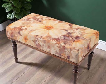 Soft Floral Bench, Beige Upholstered Furniture, Watercolor Blossom Design, Modern Accent Seating, Warm Neutral Home Decor