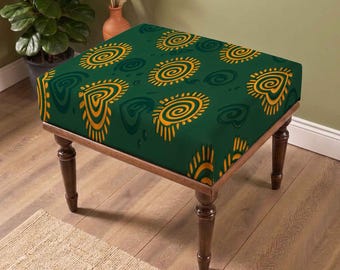 Emerald Sun Motif Bench, Gold Symbol Upholstered Furniture, Modern Boho Seating, Artistic Accent Bench, Statement Home Decor
