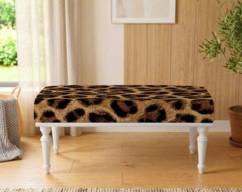 Leopard Pattern Bench, Animal Inspired Upholstered Furniture, Modern Wild Accent Seating, Statement Bedroom Bench, Entryway Furniture