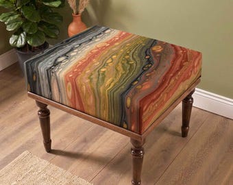 Earth Tone Marble Bench, Organic Swirl Upholstery, Modern Art Furniture, Olive Green Accent Seating, Contemporary Statement Bench