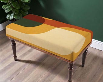 Geometric Block Colorful Bench, Modern Organic Upholstered Furniture, Olive Green Accent Seating, Mid Century Inspired Home Decor