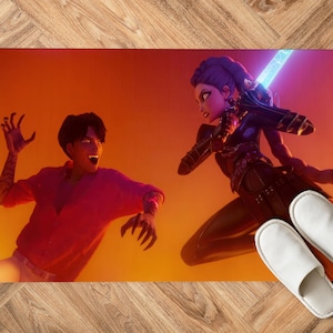 Epic Anime Battle Rug, Digital Print Gamer Floor Mat, Cool Action Scene Carpet, Futuristic Sci-Fi Style Area Rug for Bedroom or Game Room